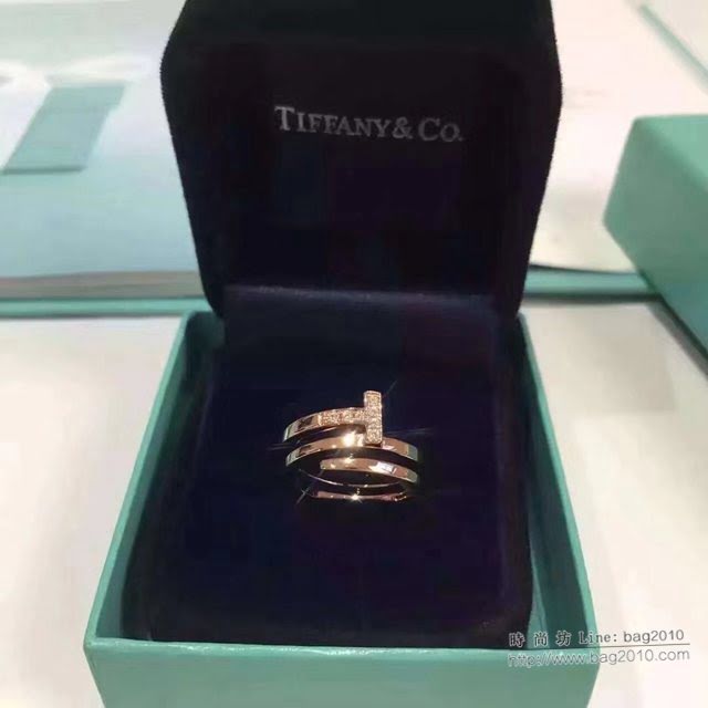 Tiffany純銀飾品 蒂芙尼女士專櫃爆款玫瑰金開口雙層T字系列戒指  zgt1625